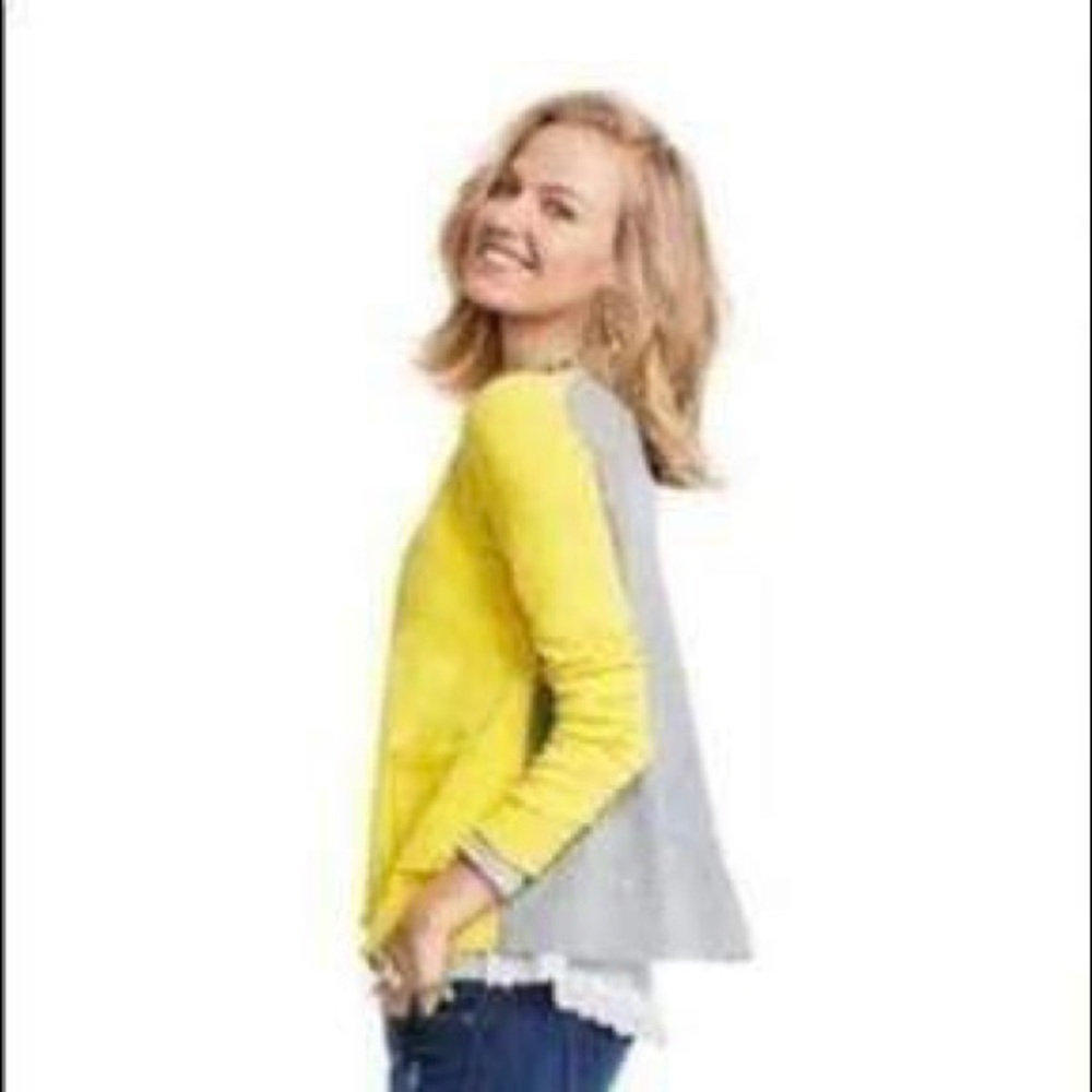 CAbi Yellow/Gray Belle Cardigan with Lace Trim (L) #3010